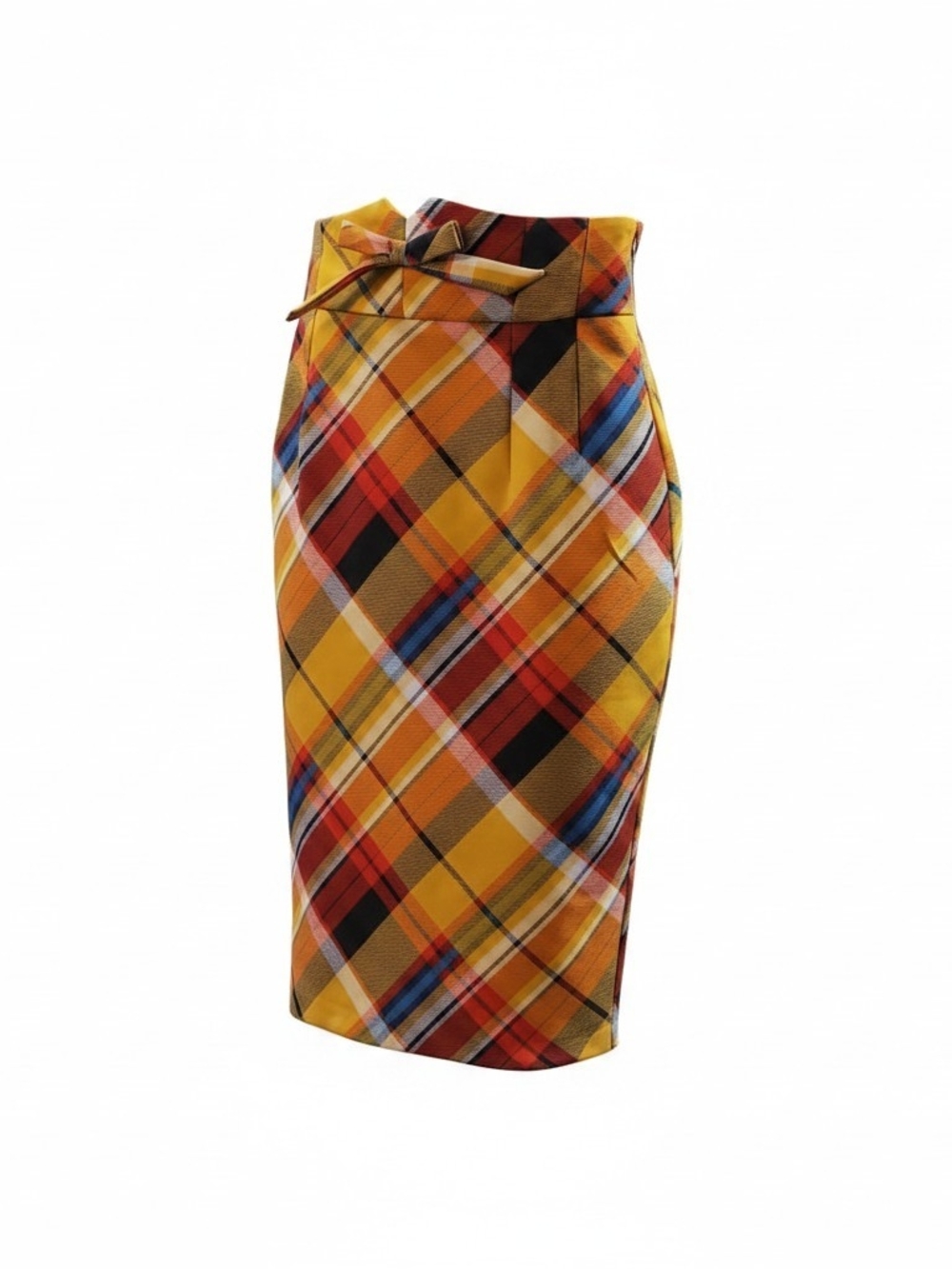 New York & Company Yellow Plaid Pencil Skirt with Waist Accent